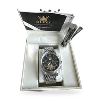 Olevs Men’s Watch Skeleton 5 Hands Silver Band, Black Dial