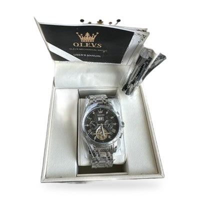 Olevs Men’s Watch Skeleton 5 Hands Silver Band, Black Dial
