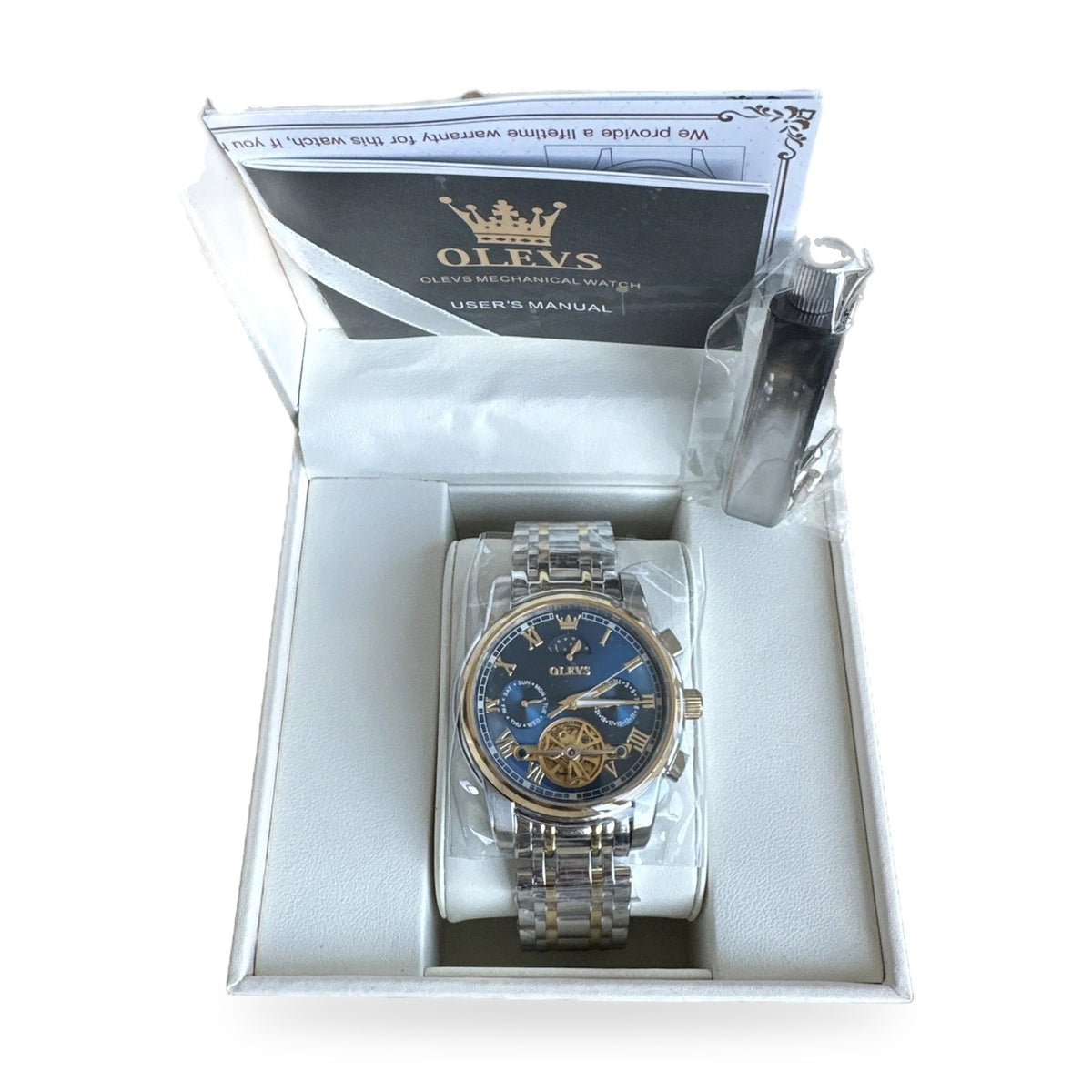 OLEVS 6617 Mens Automatic Skeleton Watch Moon Phase Blue Dial Two-Tone Steel