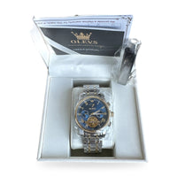 OLEVS 6617 Mens Automatic Skeleton Watch Moon Phase Blue Dial Two-Tone Steel