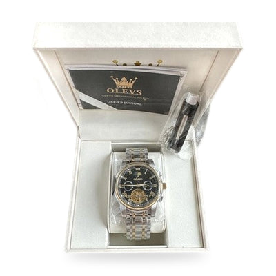 Olevs Mens Luxury Watch Skeleton, Moon Phase, Silver/Gold Band, Black Dial