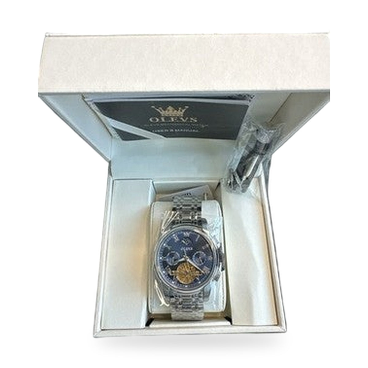 Olevs Mens Luxury Watch Skeleton, Moon Phase, Silver Band, Blue Dial