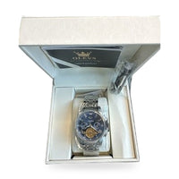Olevs Mens Luxury Watch Skeleton, Moon Phase, Silver Band, Blue Dial