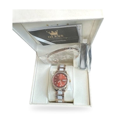 OLEVS Woman's Ceramics Band Zircon Case Day Auto Wrist Watches Red Dial