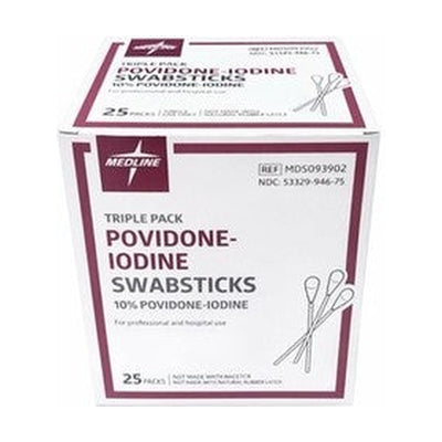 Medline Povidone Iodine Swabsticks Triple Pack 10% PVP-I 25 Packs Ref MDS093902
