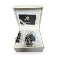 OLEVS Mens Automatic Watch Open Heart Skeleton Sub-Dials Black Dial Steel
