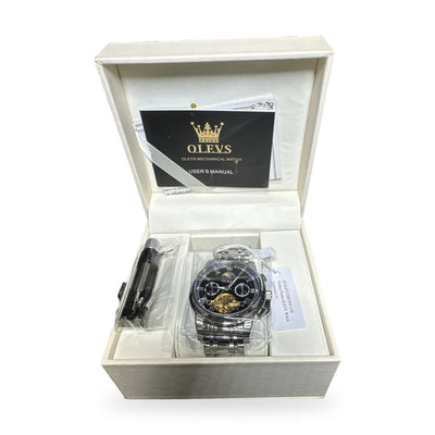 OLEVS Mens Automatic Watch Open Heart Skeleton Sub-Dials Black Dial Steel