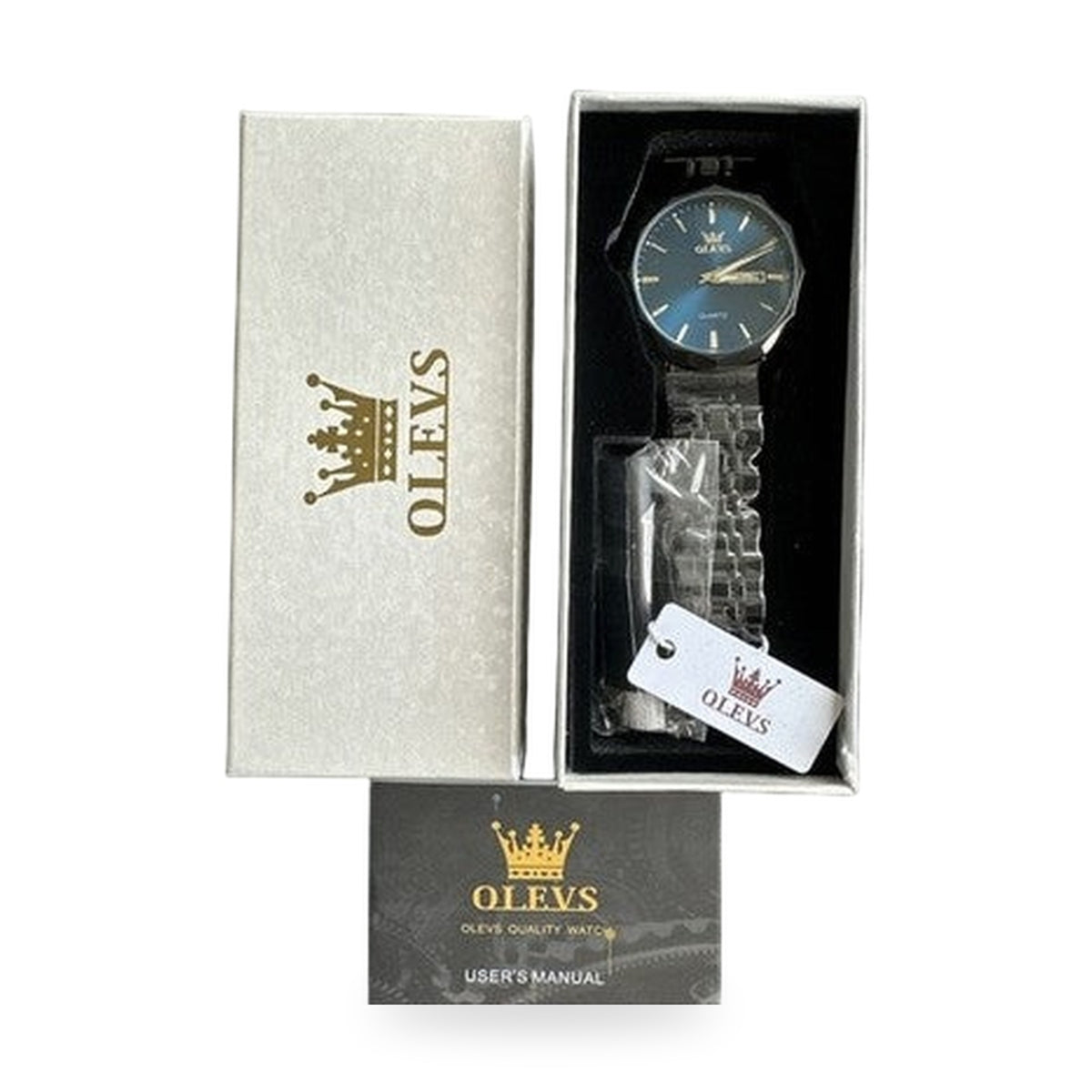 OLEVS Watches Men Waterproof Luxury Big Face Watch All Black Band Blue Face