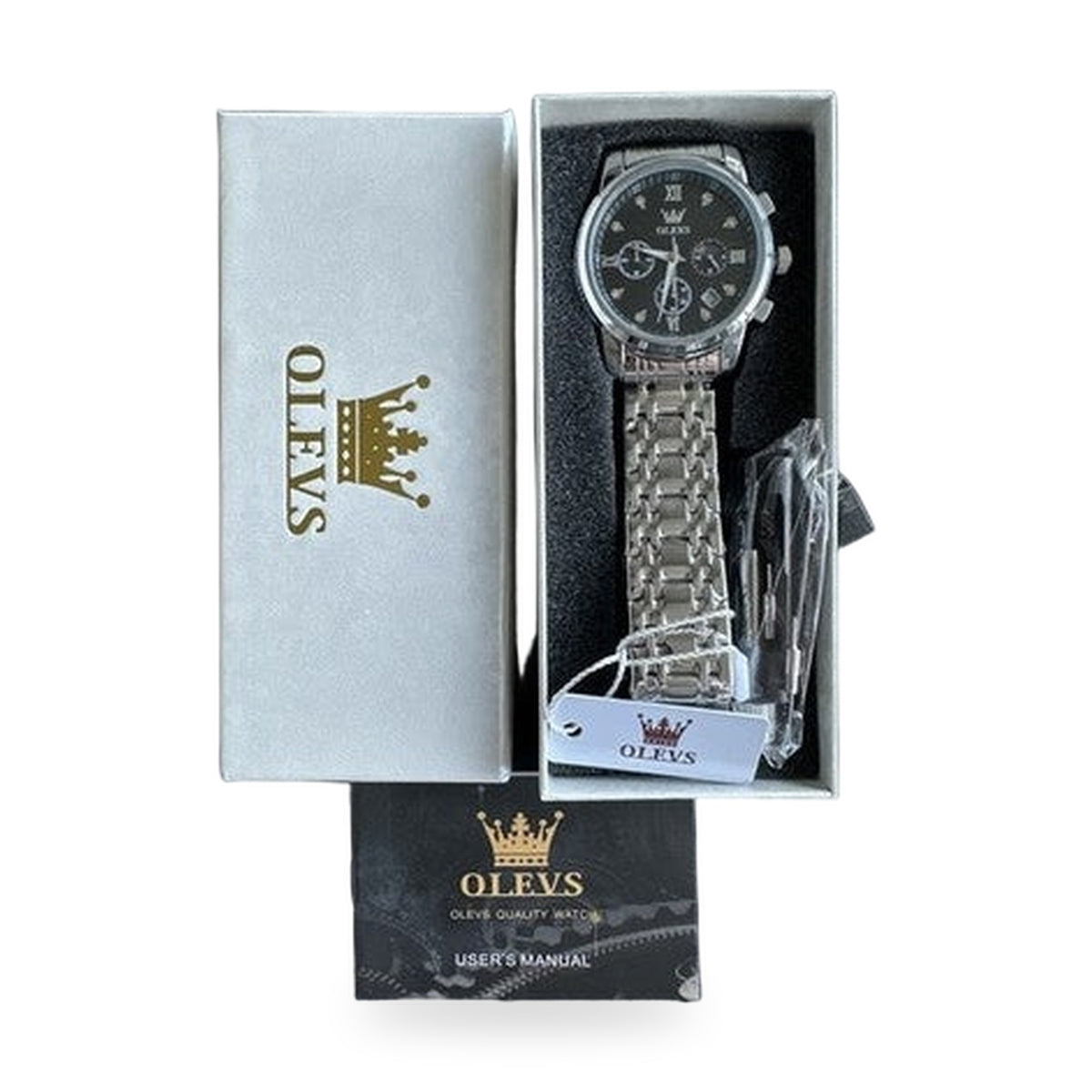 OLEVS Mens Watch Triple Dial, Black Face, Stainless Steel Band, Diamond