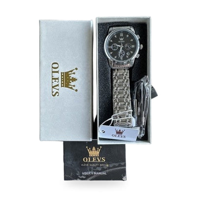 OLEVS Mens Watch Triple Dial, Black Face, Stainless Steel Band, Diamond