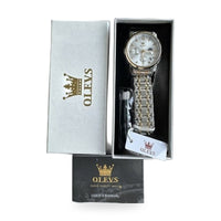 OLEVS Mens Watch Triple Dial, Pearl Face, Gold/Sliver Band, Diamond, Waterproof