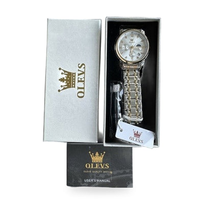 OLEVS Mens Watch Triple Dial, Pearl Face, Gold/Sliver Band, Diamond, Waterproof