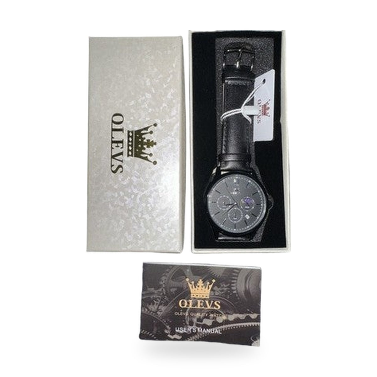 OLEVS Mens Watch Triple Dial, All Black Face, Black Leather Band