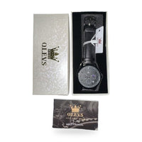 OLEVS Mens Watch Triple Dial, All Black Face, Black Leather Band