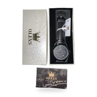 OLEVS Mens Watch Triple Dial, All Black Face, Black Leather Band