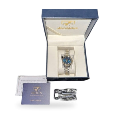 JSDUN Luxury Women’s Watch Stainless Steel And Gold, Diamond, Blue Face