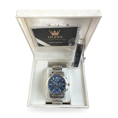 Olevs Mens Luxury Watch Moon Phase, Silver/Gold Band, Blue Dial