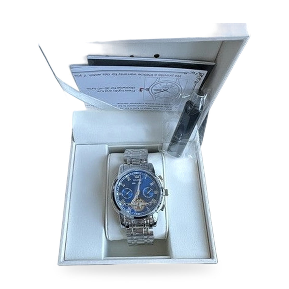 Olevs Mens Luxury Watch Skeleton, Day Date, Silver/Gold Band, Blue Dial