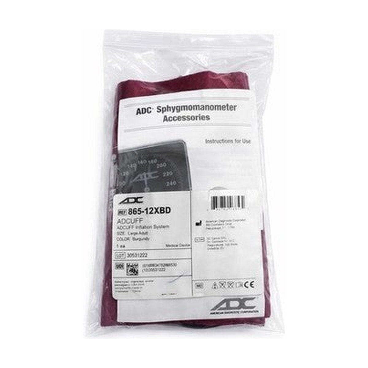 New ADC 865-12XBD Adult BPCuff Inflation System Large Adult Burgundy