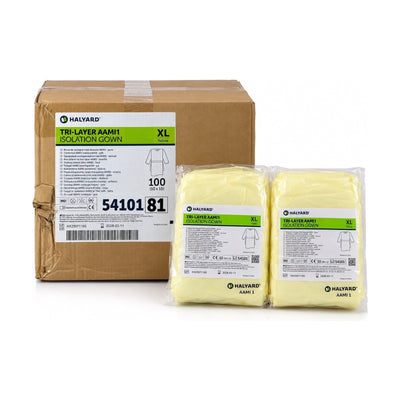 Halyard 54101 Tri-Layer AAMI Level 1 Isolation Gowns Yellow XL 100 Count Case