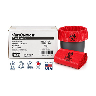 MediChoice A4823PR0 Red Can Liners 8-10 Gallon 24" x 23" 1.3 Mil 500 Count
