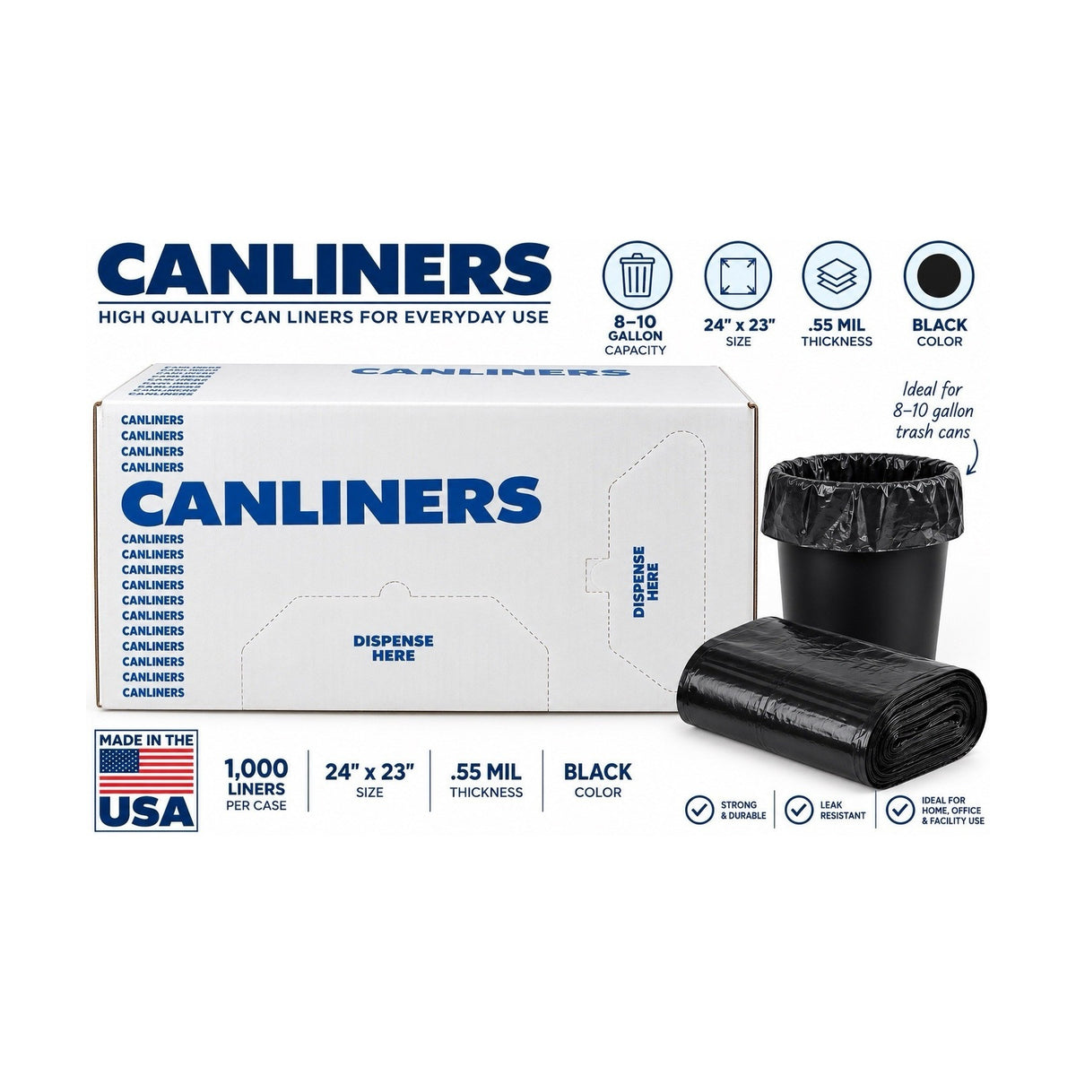 MediChoice D4823HB0 Black Can Liners 8-10 Gallon 24" x 23" .55 Mil 1000 Count