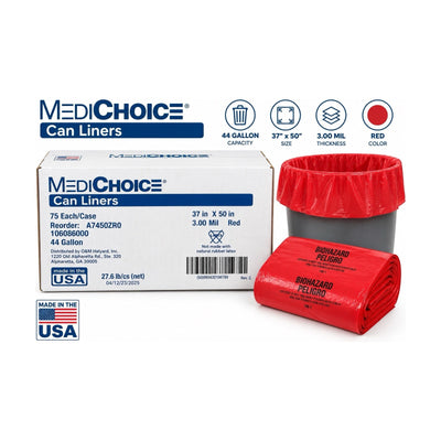 MediChoice A7450ZR0 Red Can Liners 44 Gallon 37" x 50" 3 Mil 75 Count USA
