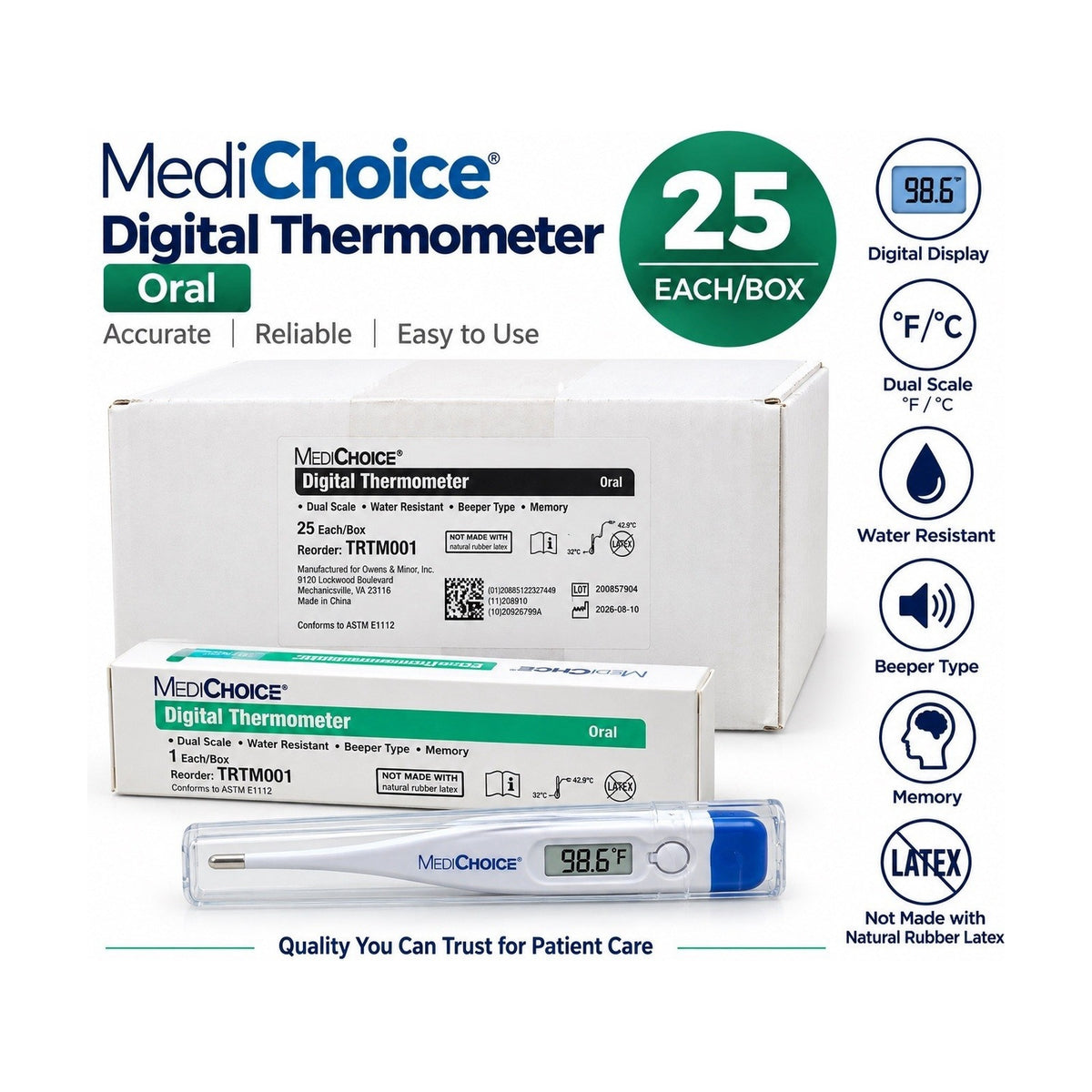MediChoice TRTM001 Digital Oral Thermometer Dual Scale Water Resistant Case 25