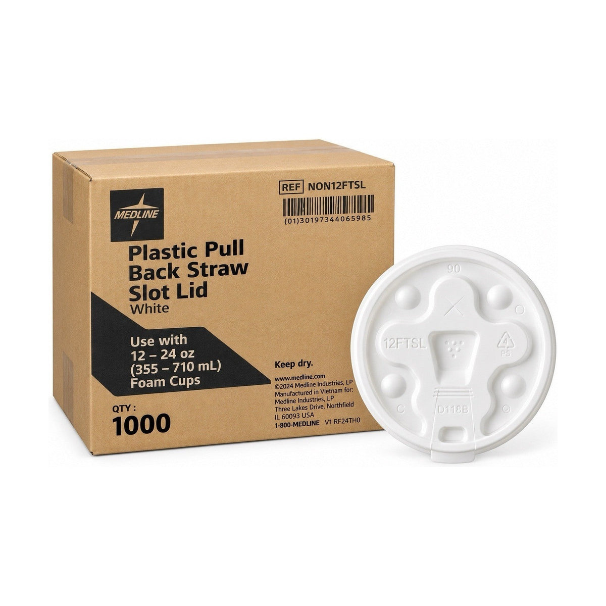 Medline NON12FTSL Plastic Pull Back Straw Slot Lids White Case of 1000