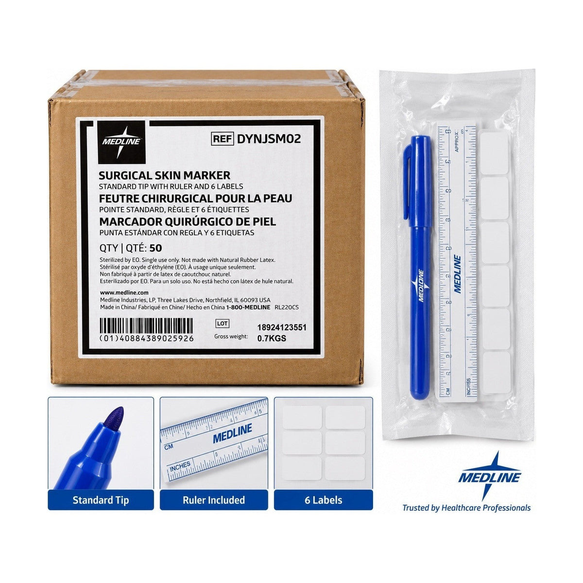 Medline DYNJSM02 Skin Marker Standard Point Ruler 6 Labels 50 Count