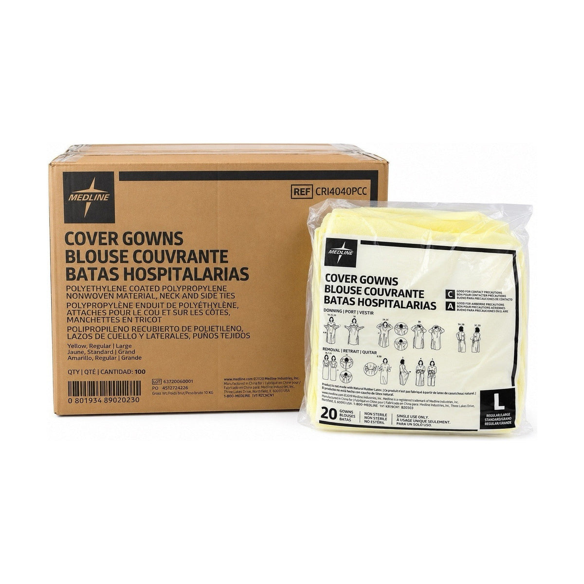 Case of 100 Medline Cover Gowns Yellow Poly-Coated Regular/Large CRI4040PCC